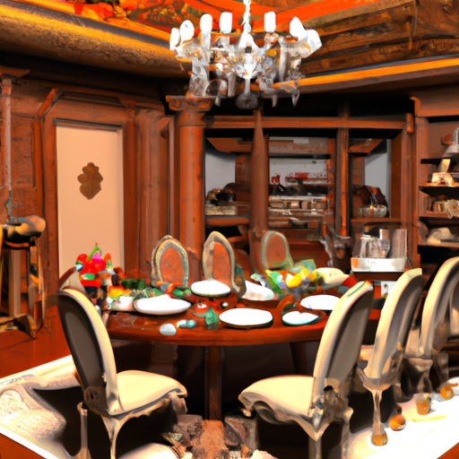 תמונה המציגה פינת אוכל מפוארת עם שולחן גדול מעץ מהגוני וכיסאות קטיפה.