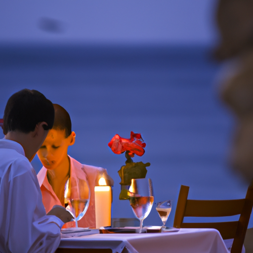 זוג נהנה מארוחת ערב רומנטית במסעדת חוף, הכלולה בחבילת הנופש שלהם.
