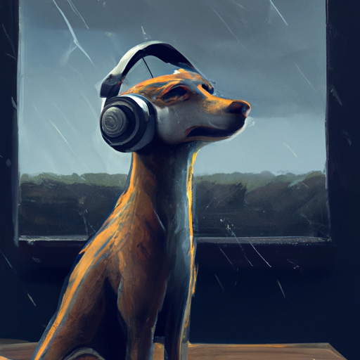 ציור של כלב עם אוזניות מבטלות רעשים בזמן שסופת רעמים משתוללת בחוץ