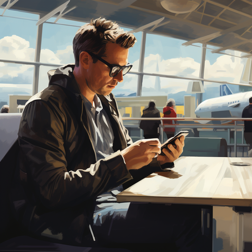 תמונה של מטייל נהנה מקפה בנמל תעופה, בזמן שהוא גולש בטלפון אחר אטרקציות מקומיות