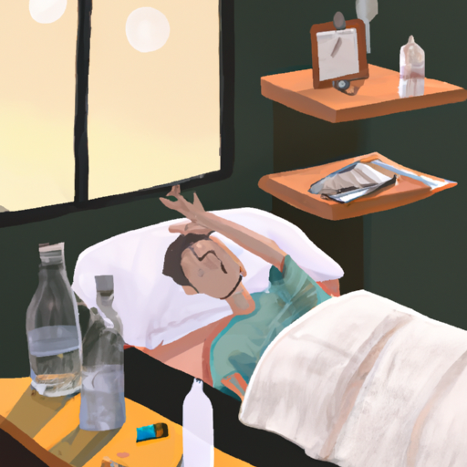 אדם שוכב במיטה עם יד על המצח, בקבוק מים ומשככי כאבים על שידת הלילה