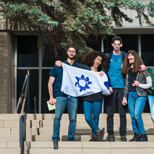 תלמידים ישראלים התאספו מול אוניברסיטה קנדית, מחייכים ואוחזים בדגל בית הספר שלהם.