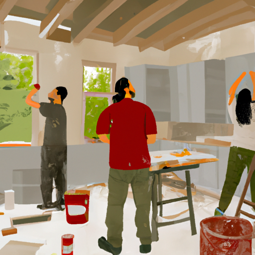 An illustration showing workers involved in a kitchen renovation project