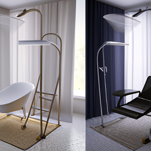 סט צילומי לפני ואחרי: הראשון מציג את מערך המקלחת הקודם של המחבר, והשני כולל את כיסא האמבטיה הטלסקופי במקומו, ומדגים את ההבדל הבולט.