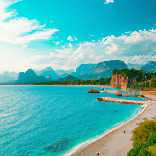 נוף ציורי של קו החוף בצבע טורקיז של אנטליה, המציג את המים הצלולים והחופים החוליים שלה
