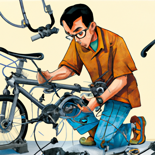 איור של אדם שמתעסק עם פעולתם הפנימית של אופניים חשמליים.