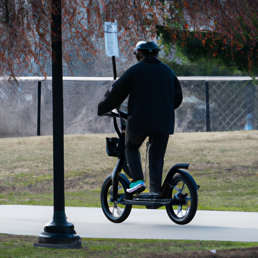 תמונה של אדם רוכב על אופניים חשמליים דרך פארק עירוני
