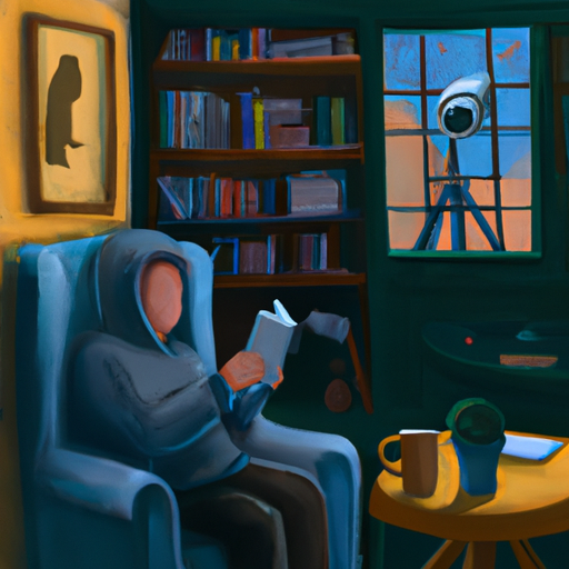 בעל בית קורא ספר בשלווה, כאשר עדכון חי ממצלמת האבטחה שלו נראה במכשיר שלידו