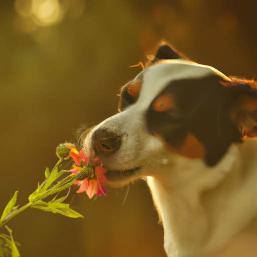 1. תמונה של כלב מרחרח פרח, מציג את חוש הריח החזק שלו.