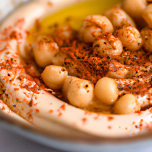 1. A vibrant image of a bowl of creamy hummus, topped with olive oil, chickpeas, and a sprinkle of paprika.