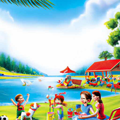 תמונה של משפחה נהנית מפיקניק בפארק עם גן שעשועים ואגם ברקע.