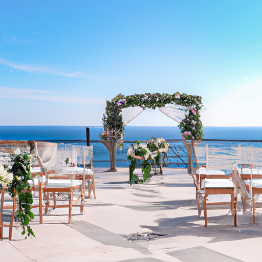 תמונה פנורמית של טקס חתונה אזרחי עם הים התיכון ברקע.
