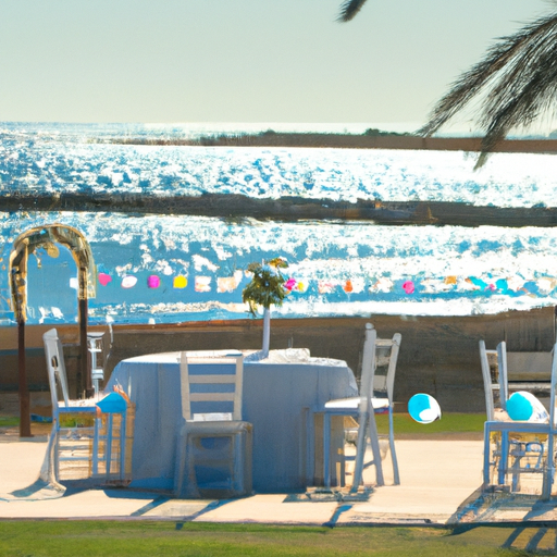 נוף פנורמי של ערכת חתונת חוף בקפריסין.