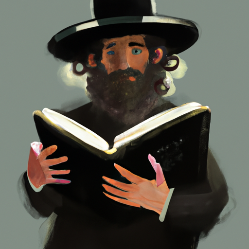 דמותו של רבי נחמן מברסלב חובש כובע שחור ומחזיק ספר תורה