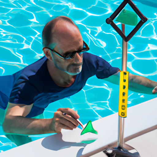 איש מקצוע לבריכה בודק את איכות המים של בריכת שחייה.