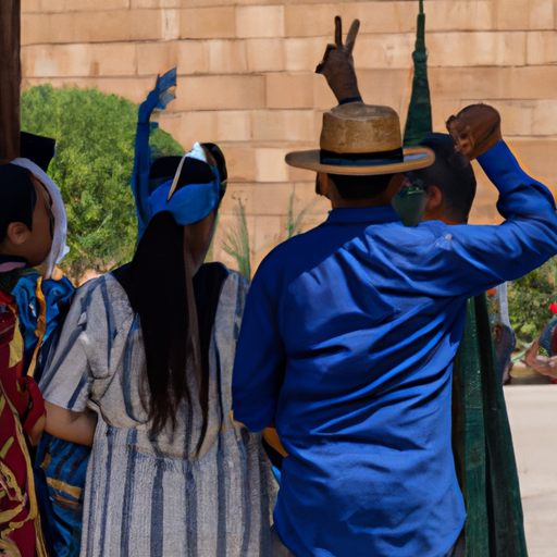 קבוצת תיירים מחוץ לאתר דתי, לבושה בכבוד לפי מנהגי המקום