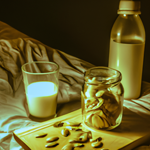 תמונה של גרעיני דלעת וכוס חלב על שידת לילה, המעידה על תפקידם בקידום שינה טובה יותר.