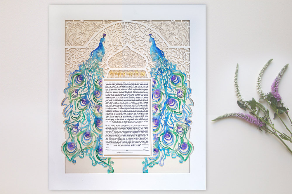 5. An image of a beautifully framed Ketubah displayed in a modern living room.