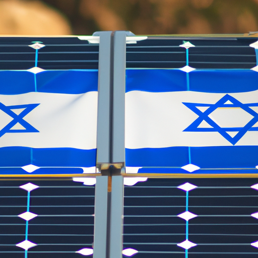 תקריב של פאנלים סולאריים עם דגל ישראל ברקע