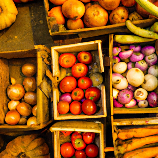 תמונה תוססת של שוק מקומי הומה, עם ספקים שמוכרים מגוון של תוצרת טרייה ומוצרים מסורתיים.