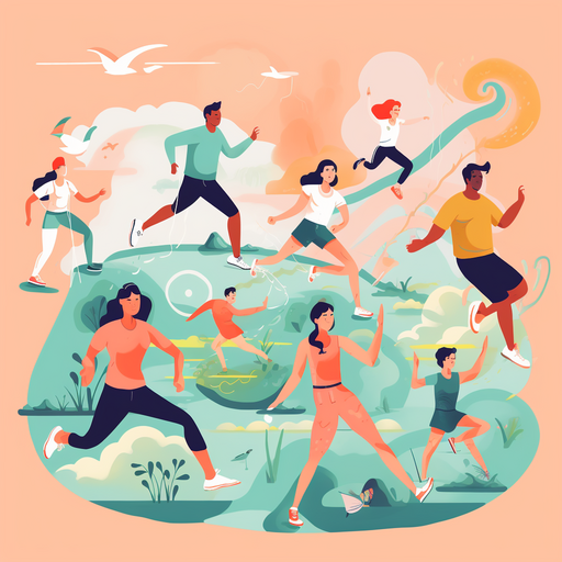 3. קבוצת אנשים המשתתפים בפעילויות גופניות שונות, כגון ריצה, שחייה ויוגה, המציגות את חשיבות הפעילות הגופנית לאיזון בלוטת התריס.