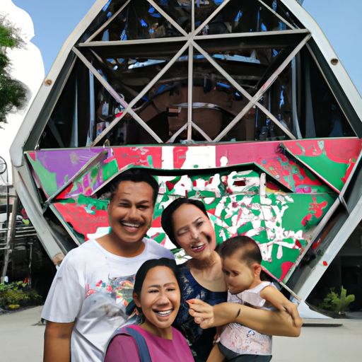 משפחה חייכנית מצטלמת מול ציון דרך מפורסם בבנגקוק