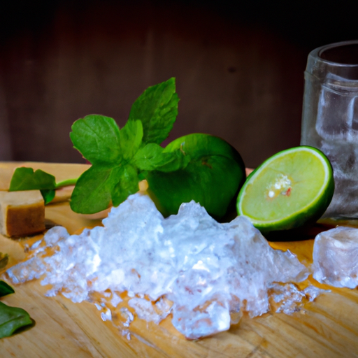 תמונה של המרכיבים החיוניים מסודרים בצורה מסודרת על שולחן: עלי נענע טריים, ליים, רום לבן, סוכר, מי סודה וקרח.