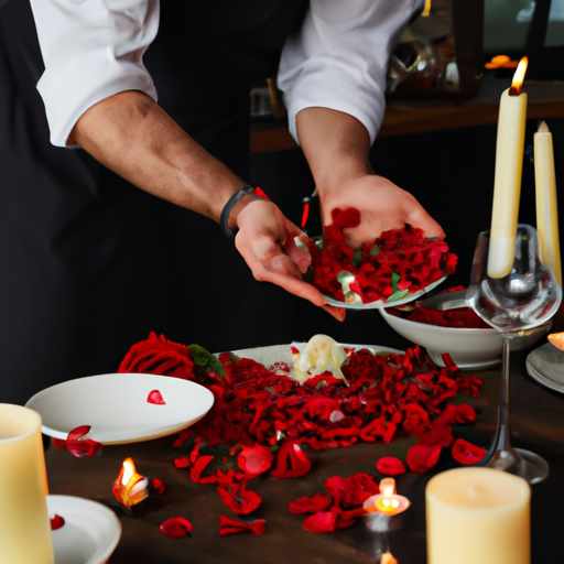 שף פרטי מכין ארוחת ערב רומנטית עם נרות ועלי כותרת של ורדים פזורים מסביב.