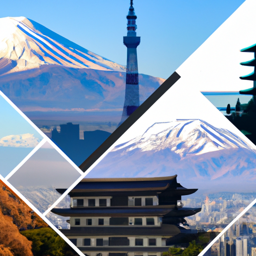 קולאז' של נקודות ציון אייקוניות של יפן, כולל הר פוג'י, גורדי השחקים של טוקיו ומקדשי קיוטו.