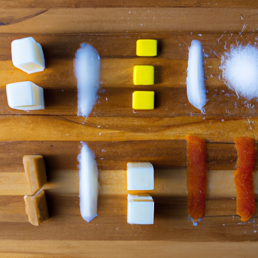 תצוגה צבעונית של סוכר ותחליפי סוכר על לוח עץ.