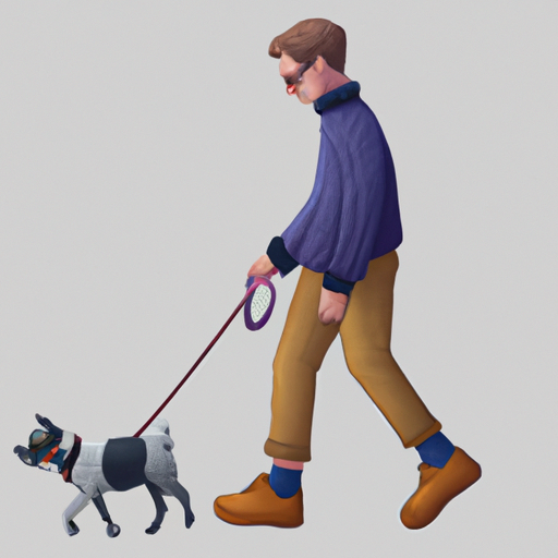 תמונה של אדם לובש בגדים מסוגננים ומטייל עם כלב קטן ברצועה.
