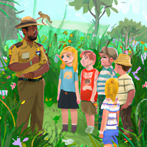 קבוצת ילדים מתבוננת בשומר בפארק המדגימה את החי והצומח המקומיים.