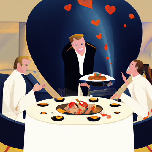 זוג נהנה מארוחה רומנטית מותאמת אישית המוגשת על ידי השף הפרטי שלהם, הממחישה את החוויה האישית.