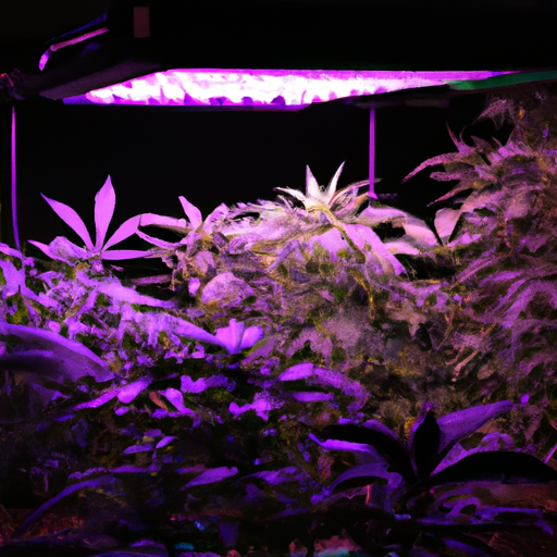 3. A photo of an indoor grow area with optimized lighting, highlighting the even distribution of light across all plants.