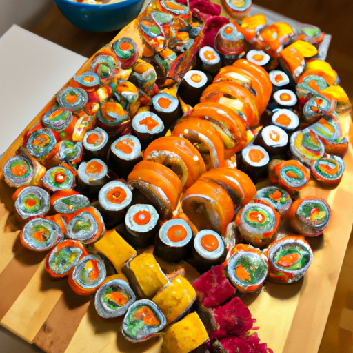 מגוון גלילי סושי המוצגים על לוח סושי עץ, המציגים את הצבעים והמרקמים העזים של סושי ביתי.
