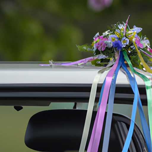 מכונית וינטג' מעוטרת בסרטים ופרחים לאירוע המיוחד.