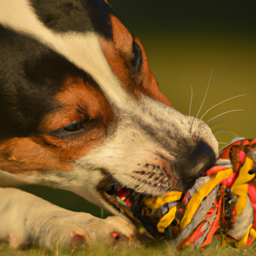 תמונה של כלב נושך צעצוע, המראה התנהגות נפוצה בקרב כלבים