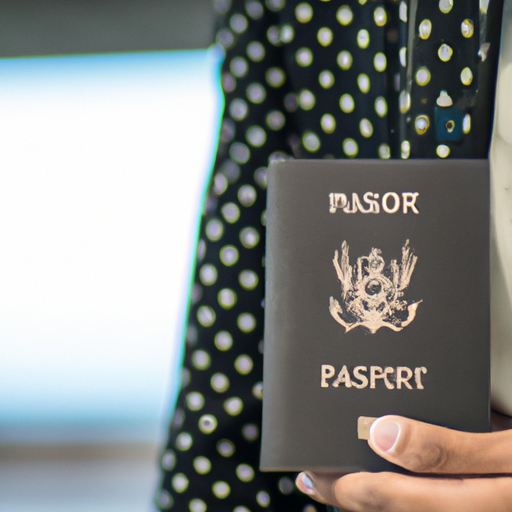נוסע מסוגנן אוחז בכיסוי דרכון מעוצב עם רקע שדה תעופה.