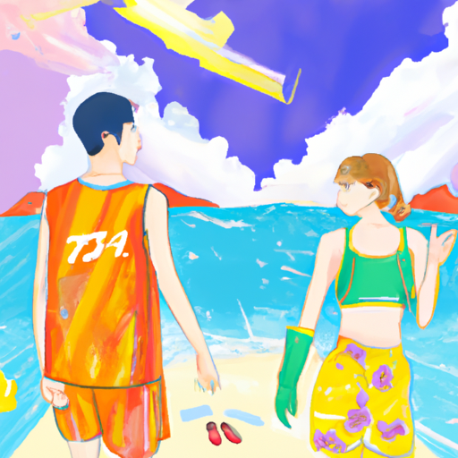 גבר ואישה לובשים בגדי ים מגני UV בחוף הים.