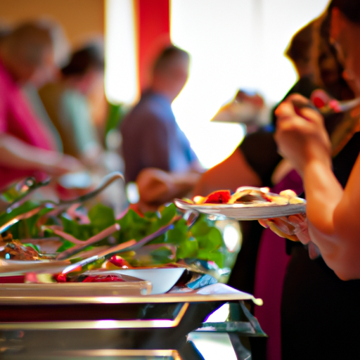 1. שירות קייטרינג שוקק באירוע פרטי, כשהאורחים נהנים מהאוכל.
