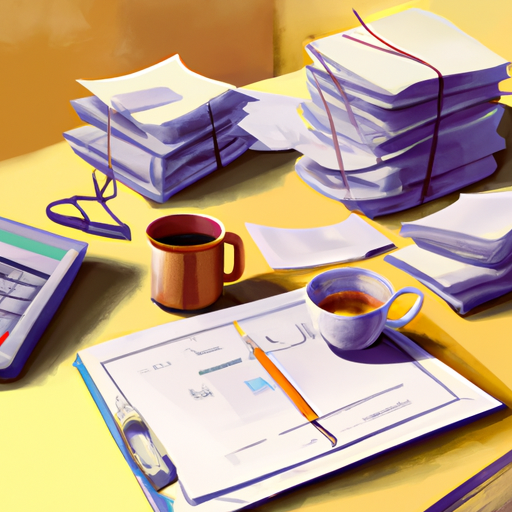 תמונה המתארת שולחן של רואה חשבון, מעוטר בערימות ניירות, מחשבון וכוס קפה חצי שיכור