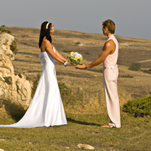 זוג מחליף נדרים בנוף קפריסאי ציורי, המסמל את הפיתוי של חתונות אזרחיות בקפריסין.