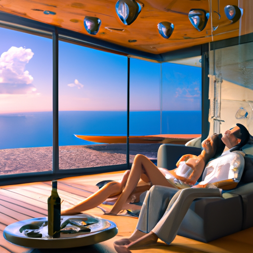 A couple enjoying a luxurious honeymoon suite, overlooking the stunning Cypriot coastline.