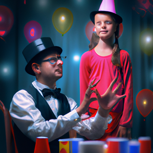 3. תמונה של ילד יום הולדת מסייע לקוסם בתעלול קסם, עם מבט של יראה על פניו.