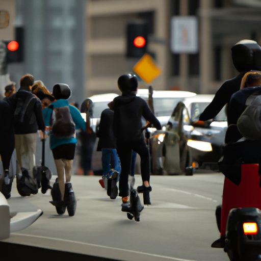 רחוב עירוני הומה אדם הכולל אמצעי תחבורה שונים, כולל אופניים חשמליים וקטנועים