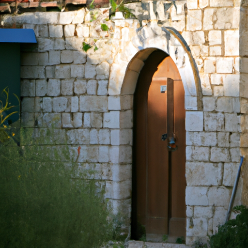 נוף ציורי של בית אבן מסורתי עם דלת פתוחה ומסבירת פנים בכפר ישראלי כפרי.