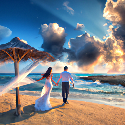 תמונה הממחישה חתונת חוף שטופת שמש בקפריסין בחודשי הקיץ.