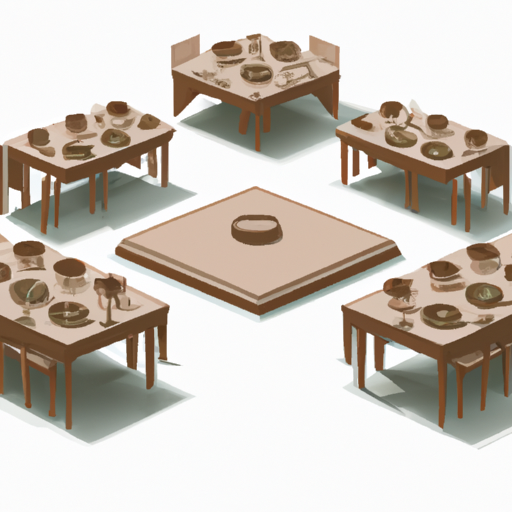 איור של נוף שולחן מתוכנן היטב עם מספר שולחנות בגדלים וצורות שונות