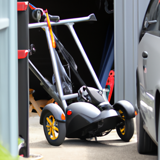 תמונה המציגה מנוף קטנוע נייד מאוחסן כהלכה בתא מטען של מכונית.