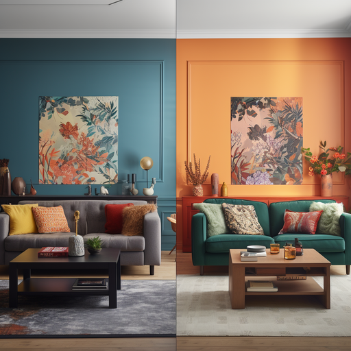 השוואה זה לצד זה של קירות סלון צבועים וטפטים, מציגה צבעים ודוגמאות שונות.